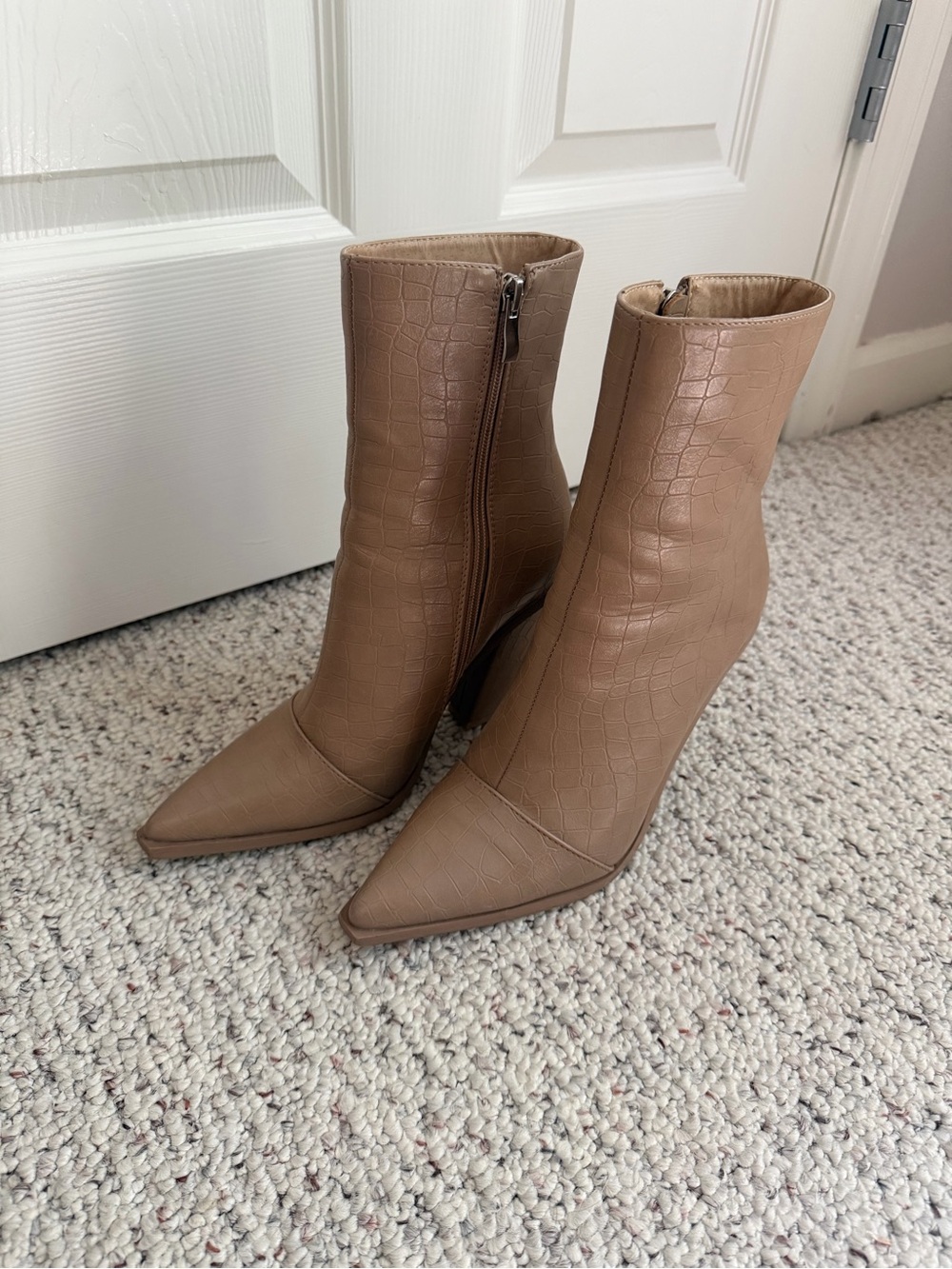 Nasty Gal Taupe Croc-Embossed Pointed Ankle Boots